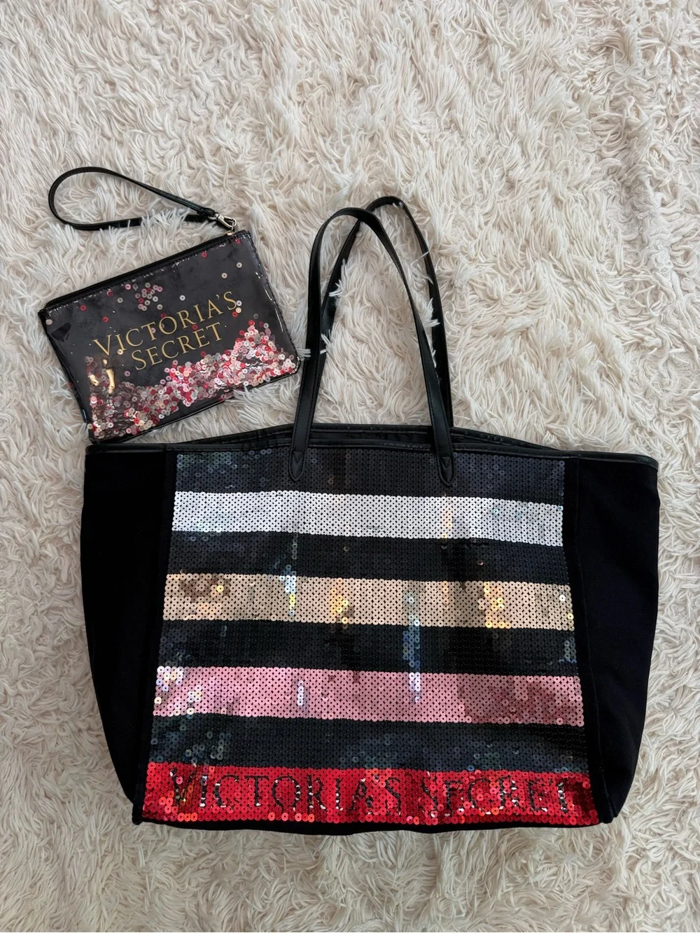 Victoria’s Secret Sequin Stripe Large Tote Bag + Wristlet Black Multicolor